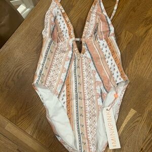 MINKPINK Peach Coral One Piece Swimsuit with Geometric Print- NWT